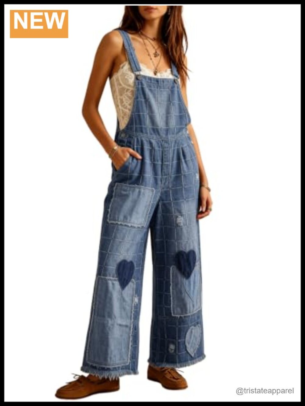 chouyatou Baggy Denim Bib Overalls Heart Patchwork Wide Leg Jumpsuit
